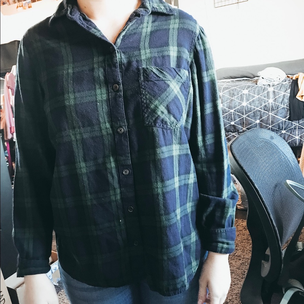 blue and green flannel shirt